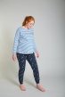 Pregnant woman wearing Frugi bess maternity trousers with striped top