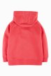 back of vibrant pink organic cotton zip-up hooded sweater with a fun campervan applique, two handy pockets and a cosy blue lined hood from frugi