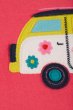 close up campervan applique of vibrant pink zip-up hooded sweater from frugi