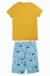 back of organic cotton PJs with a central puffin character printed on the sunny yellow short-sleeve top with glow-in-the-dark details and coordinating organic cotton jersey pyjama shorts in blue with a fun seabird print from frugi