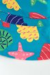 close up print of blue swim hat with the colourful seashells print from frugi