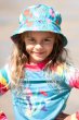 a child wearing blue swim hat with the colourful seashells print from frugi