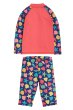 back of two part Sun Safe Swimwear Set for children with the seashells print on the purple and watermelon pink background from frugi