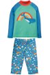 two part Sun Safe Swimwear Set for children with the whales and rainbows print on the blue background from frugi
