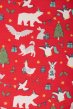 Frugi Let's Party print close-up in red with polar bears, penguins, rabbits and geese wearing party hats and Christmas trees