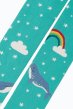Frugi organic cotton aqua stripe norah tights with whale and rainbow print on a white background