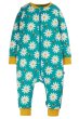 teal zelah zip up romper with daisies print and yellow extendable cuffs from frugi
