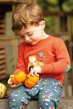 Boy wearing Frugi Easy On Tractor red jumper wearing indigo tractor print pants, holding 2 small pumpkins sat on a wall