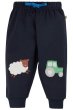 indigo blue character crawlers with sheep and tractor knee appliques from frugi