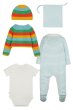 4 piece baby gift set consisting of a light blue and white stripe collared babygrow with adorable farm animal appliques, a white short sleeved baby body with a central chickens and veggies placement print and a matching knitted hat and cardigan in rainbow
