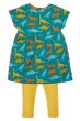 This Frugi Jurassic Coast Orli Outfit is an organic cotton jersey outfit for babies and toddlers with a blue short-sleeved tunic dress with a fun dinosaur print, plus stretchy bumblebee yellow leggings