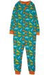 This Frugi Jurassic Coast Zelah Zip Up All In One is a blue organic cotton onesie for children with a dinosaur print in blue, yellow and orange, and orange trim and stretchy cuffs.