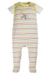 little summer baby dungaree gift set is white with a colourful multi stripe design with yellow trim, a central puffin applique and poppers around the legs for fuss-free nappy changes. The co-ordinating white baby body has short sleeves, and envelope neck 