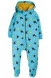 This Frugi Puffling Practice Footed Snuggle Suit is an organic cotton hooded onesie for babies and toddlers with integrated feet. This snuggly all-in-one is blue with a cute baby puffin and sunshine design.