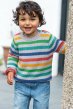 Frugi long sleeve grey marl striped apex jumper worn by a child with curly hair