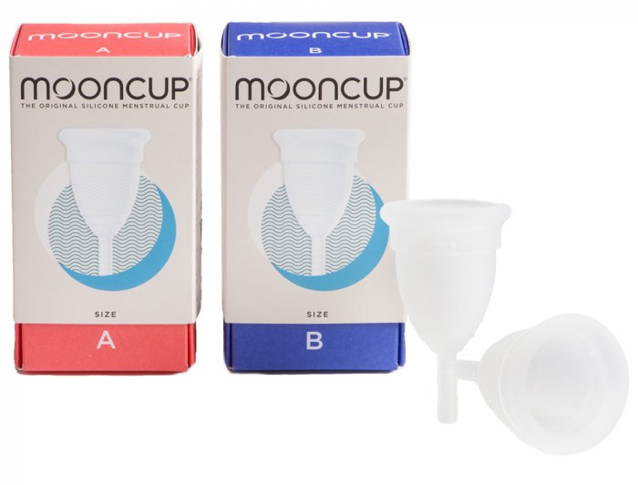 Mooncup reusable menstrual cup with A and B sizes with boxes