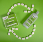 Bio-D 750ml bottle of dishwasher rinse aid with bio-d dishwasher tablets on a green background, with bio-D dish washing tablets forming arrows between both products
