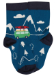 Frugi rock my sock blose up of blue sock with mountain, trees and campervan