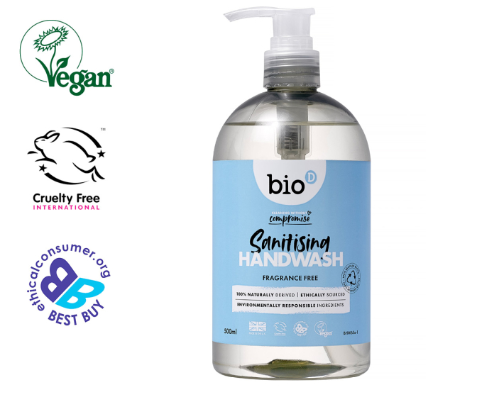 Bio D 500ml vegan friendly fragrance free hand sanitiser wash on a white background