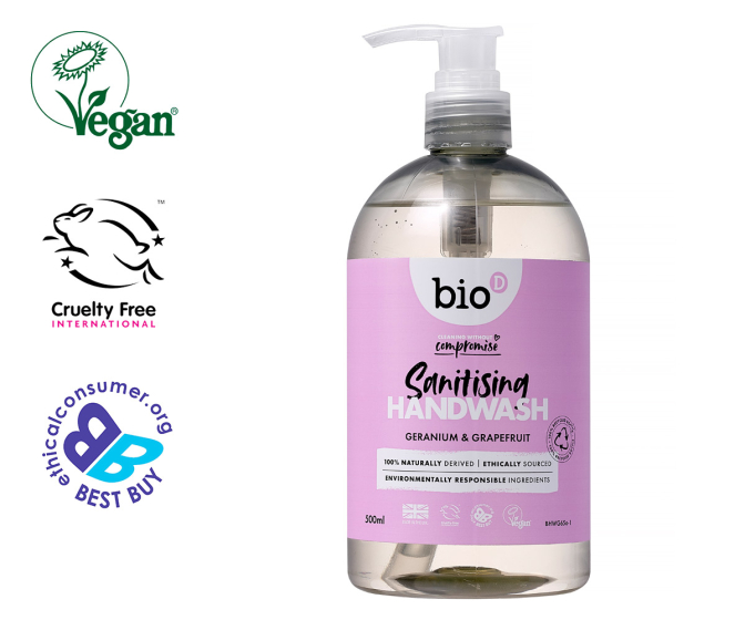Bio D eco friendly natural geranium and grapefruit sanitising hand wash on a white background