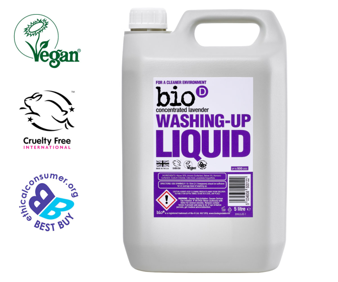 Bio D eco-friendly vegan lavender washing up liquid 5L bottle on a white background