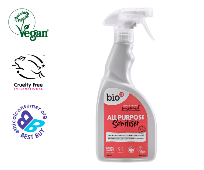Bio D eco-friendly 500ml natural all purpose sanitiser spray bottle on a white background