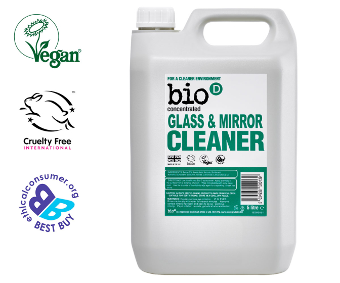 Bio D vegan friendly natural glass and mirror cleaning fluid bottle on a white background