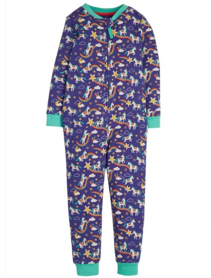 purple organic cotton onesie for children with a magical unicorn, rainbow and stars print, and an aqua trim and stretchy cuffs from frugi