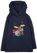 This Frugi Drum Kit Campfire Hooded Top for children is an indigo blue organic cotton long sleeve hooded top with colourful drum kit applique on the front