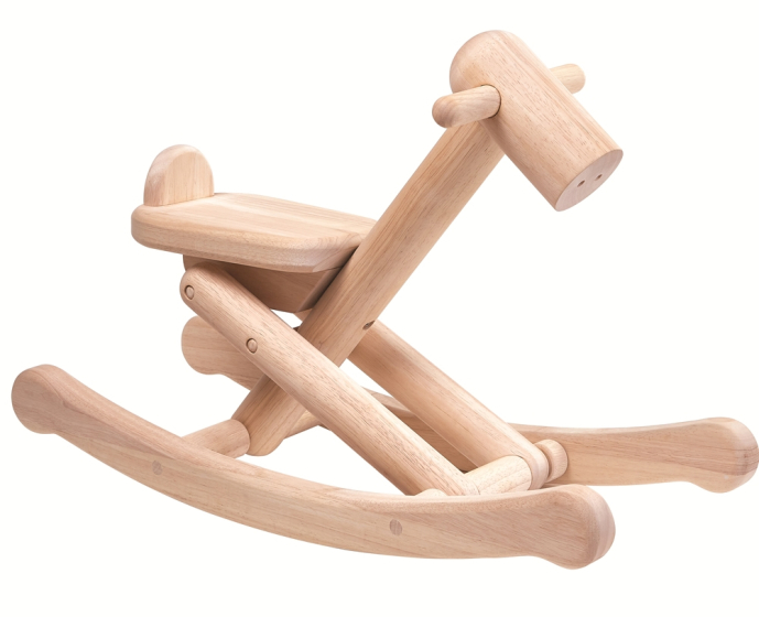 Wooden foldable rocking horse by PlanToys. White background.