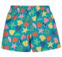 back of blue board shorts made of recycled plastic bottles with a cool colourful seashell print and elasticated waist from frugi