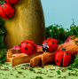 A group of Bumbu red ladybirds with painted black spots, all together on a wooden tree branch and surrounded by moss imitating a grassy scene, with a light blue background