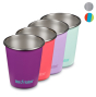 klean kanteen kid cups displayed as a pack of four showing colours available, pinky, bluey and stainless steel