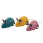 PlanToys Wooden Pull-Back Mouse Toy in blue, yellow and pink. 