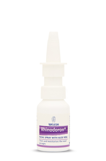 Weleda Rhinodoron Nasal Spray 20ml. With soothing organic aloe vera to moisturise and protect, in a natural saline solution, for adults, children and babies. White spray bottle on a white background.
