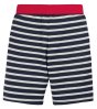 back of organic cotton jersey shorts with blue and white Breton stripes, front pockets and stretchy red waistband from frugi