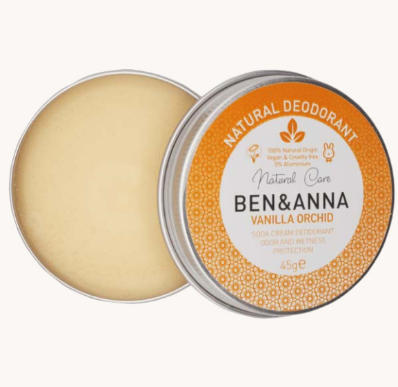 Ben & Anna Soda Cream Natural Deodorant Tin Vanilla Orchid, on a cream background