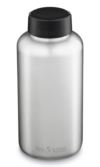 Klean Kanteen Wide 64oz / 1900ml with Wide Loop Cap, stainless steel reusable bottle with a black loop cap lid on a white background
