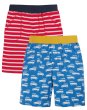 multipack of two organic cotton jersey shorts for children from frugi, one pair with red Breton stripes and a stretchy indigo waistband, the other pair blue with a 4-wheel drive vehicle print and a yellow waistband