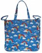 Frugi Pack Away Tote Bag in Rainbow Skies in blue with printed rainbows, clouds and suns with long tote strap