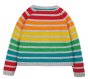 back of organic cotton knitted cardigan for babies and children in alternating rainbow and light grey stripes and co-ordinating grey rib hem, neck and cuff details from frugi