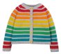 organic cotton knitted cardigan for babies and children in alternating rainbow and light grey stripes and co-ordinating grey rib hem, neck and cuff details from frugi