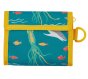 teal children wallet with the what lies below print from frugi