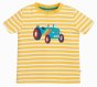 yellow and white striped tee for children with a multicoloured vintage tractor applique embroidered on the chest and stretchy yellow rib neck from frugi