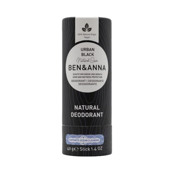 Ben & Anna eco-friendly 40g paper deodorant stick in the urban black scent on a white background
