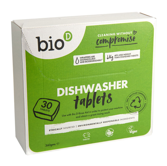 Box of Bio D eco friendly dishwasher tablets on a white background