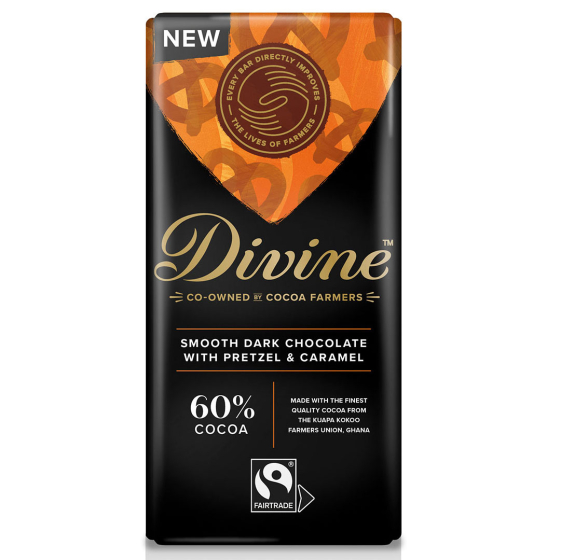 Divine Fairtrade 60% Dark Chocolate Bar with Pretzel & Caramel 90g in packaging pictured on a plain white background