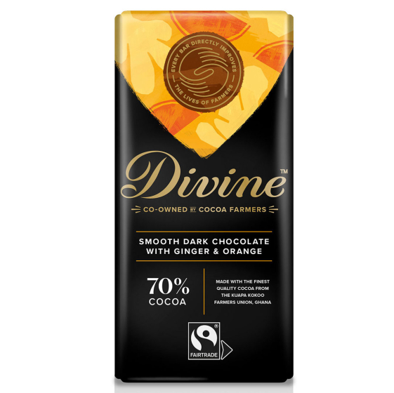 Divine Fairtrade 70% Dark Chocolate with ginger and orange  Bar in packaging pictured on a plain white background