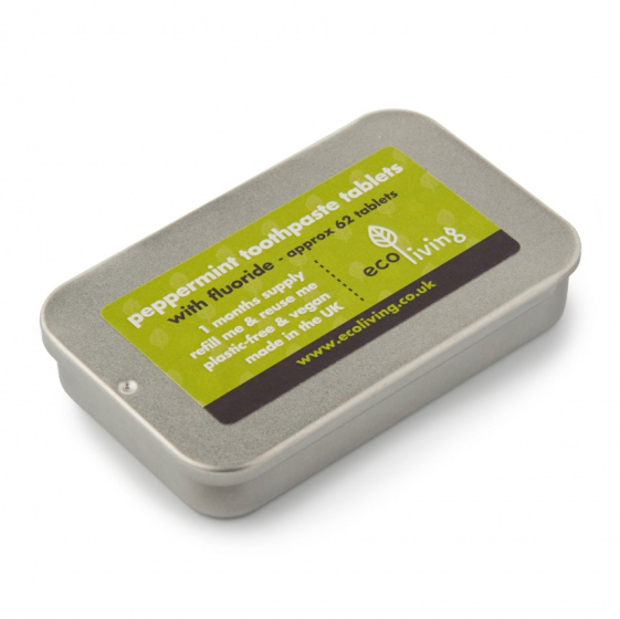 Ecoliving Peppermint Toothpaste Tablets with fluoride in a metal Refillable Tin pictured on a plain background 