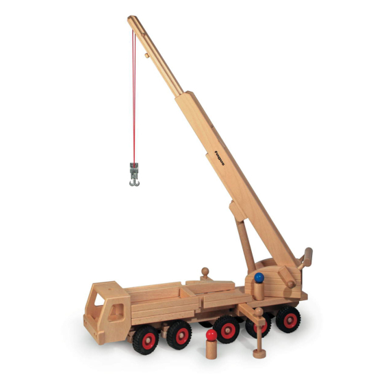 Fagus eco-friendly wooden mobile crane toy on a white background with its crane raised